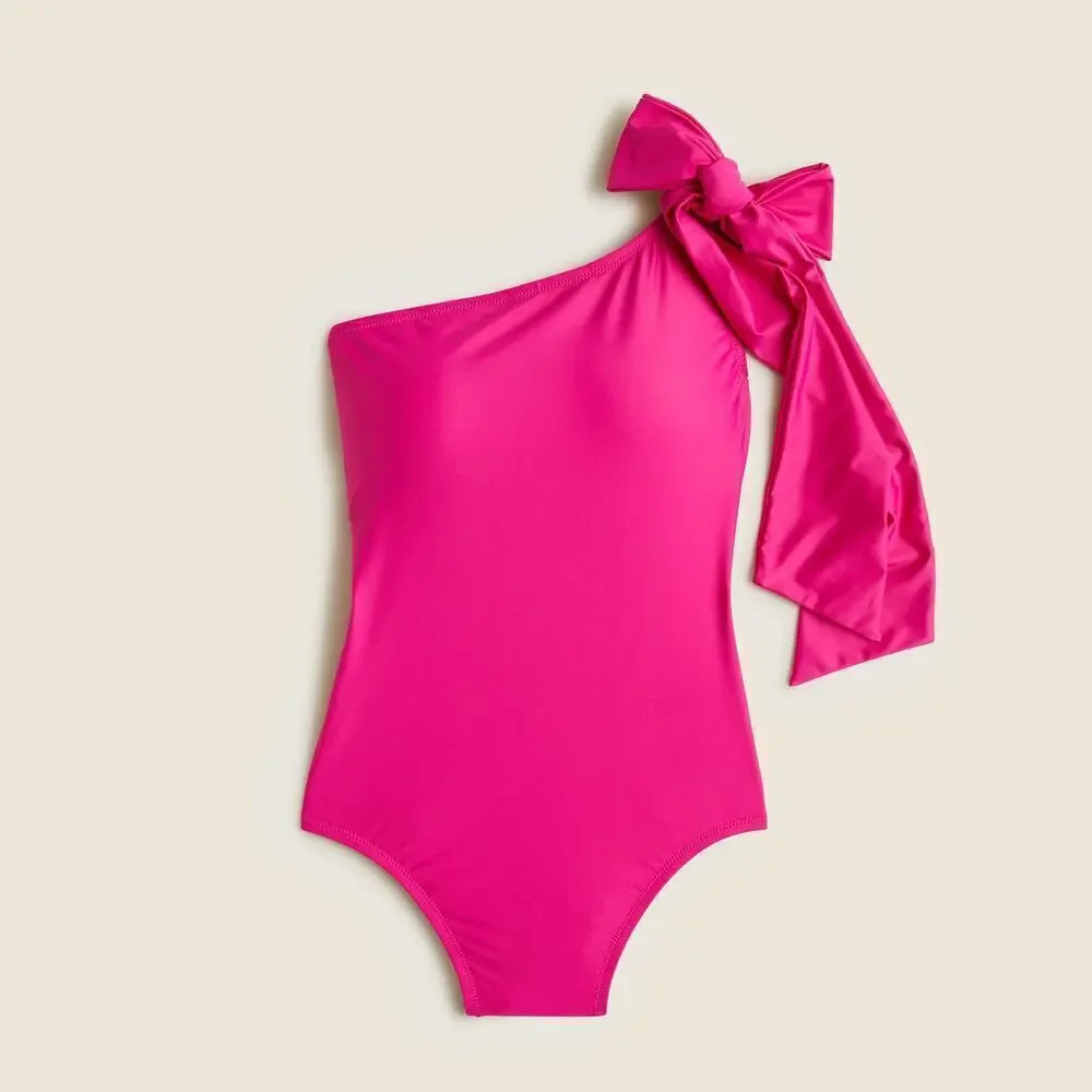 NWT J.Crew Women's Pink Bow High-rise Back One-shoulder One-piece Size 12